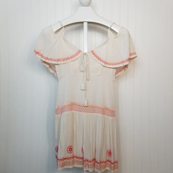 Rahi Cali Boho Embroidered Cold Shoulder Tassel Mini Dress XS - Picture 1 of 7